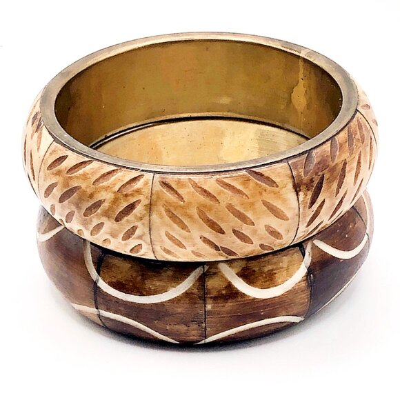 Set of 2 Vintage Hand-Carved Wood Bangles with Brass Interiors – 1" Wide - Picture 3 of 16